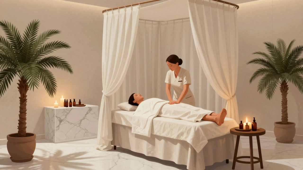A serene spa room in Dubai with a professional therapist giving a massage under soft lighting.