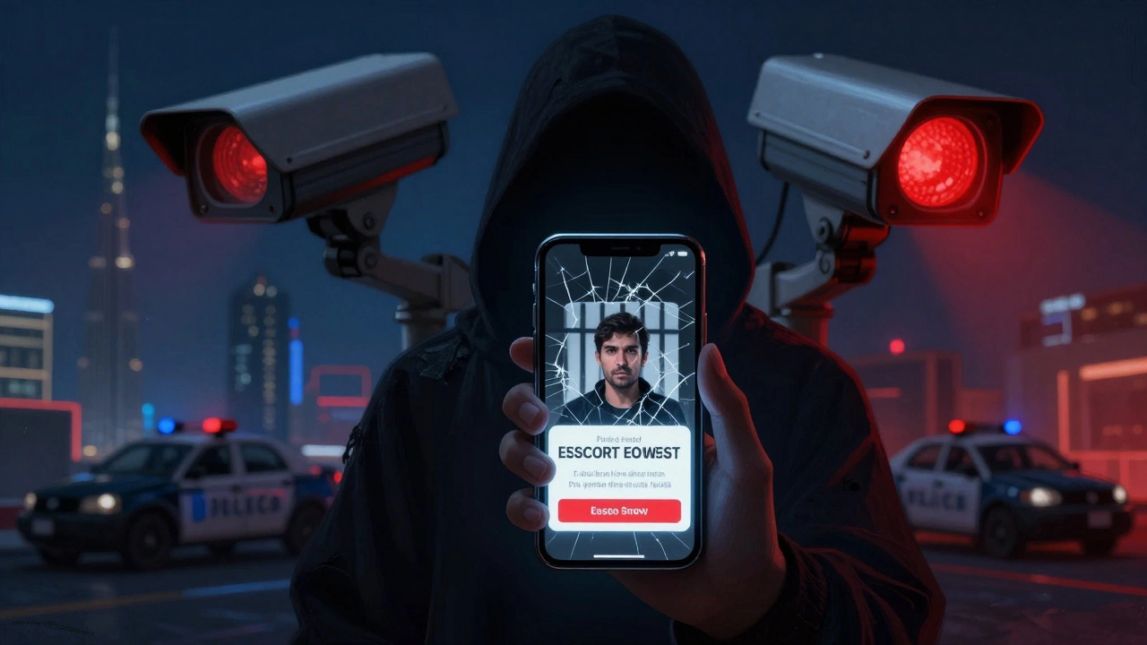 A smartphone displays a fake escort ad while a surveillance camera looms in the background.