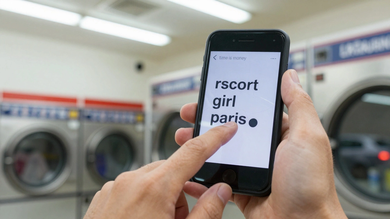 Trembling hands type a message on a burner phone in a fluorescent-lit laundromat, reflections of laundry machines glowing on the screen.