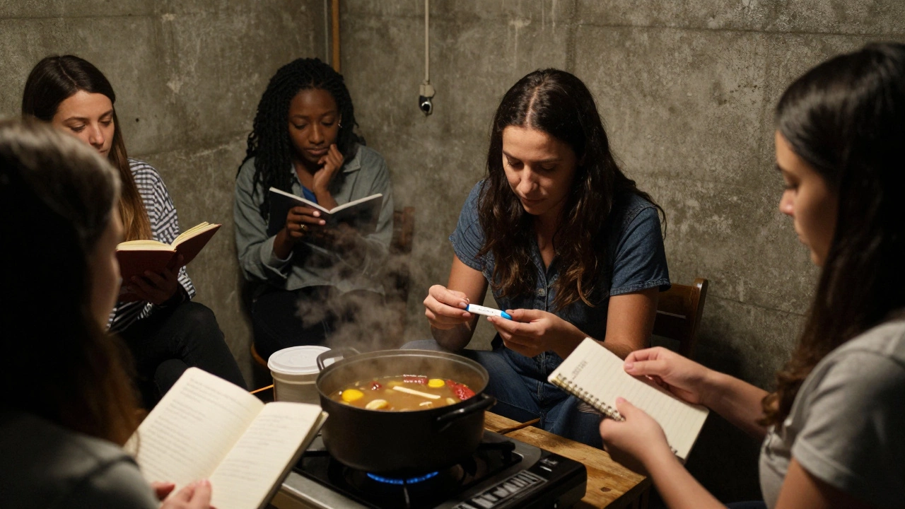 Women in a basement safe house share a quiet moment — one teaches another to use a health test kit while others cook and read poetry.
